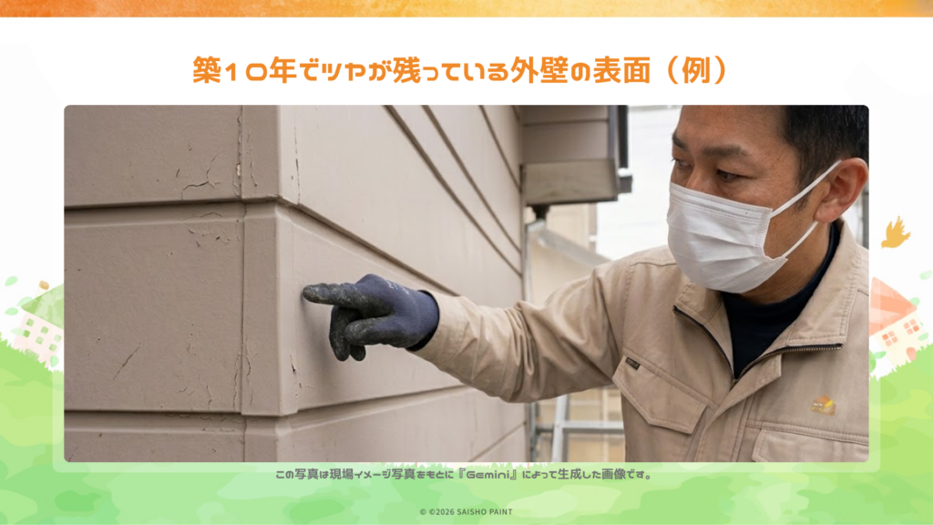 「築10年でツヤが残っている外壁の表面（立川市・施工前診断）」